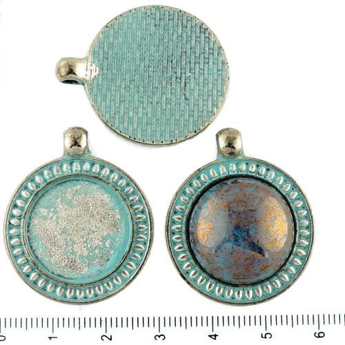 2pcs tchèque bleu turquoise patine antique ton argent grand pendentif rond cabochon paramètres de la sku-34219