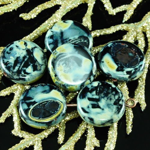 Noir brillant picasso pièce rond plat verre tchèque perles 14mm 10pcs sku-26362