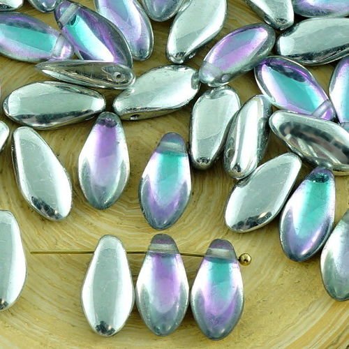 30pcs argent cristal violet turquoise demi-verre tchèque poignard perles feuille plate 6mm x 12mm sku-30782