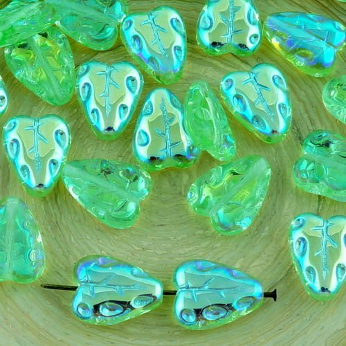 16pcs cristal d'olive verte péridot ab demi plat de feuilles sculptées tchèque perles de verre 12mm  sku-32204