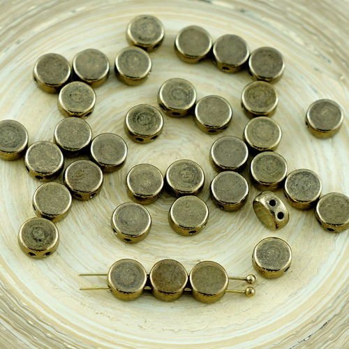 60pcs or bronze 2 deux trous de tissage de verre tchèque ronde plate de pièce de monnaie de perles t sku-29017