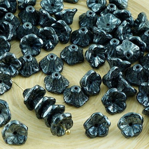 40pcs metallic dark silver jet hématite noir de lustre de verre tchèque petite cloche fleur perle ca sku-31386
