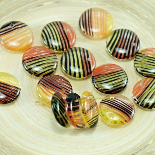 Grand cristal multicolore rayé le verre tchèque perles lentilles plat rond trou de 12mm 12pcs sku-27101