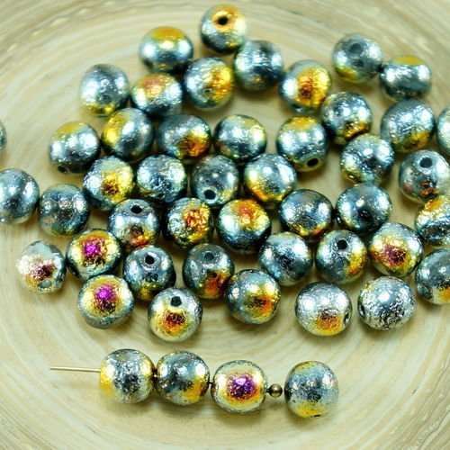 20pcs argent arc-en-ciel rustique gravé verre tchèque perles rondes 6mm sku-27142