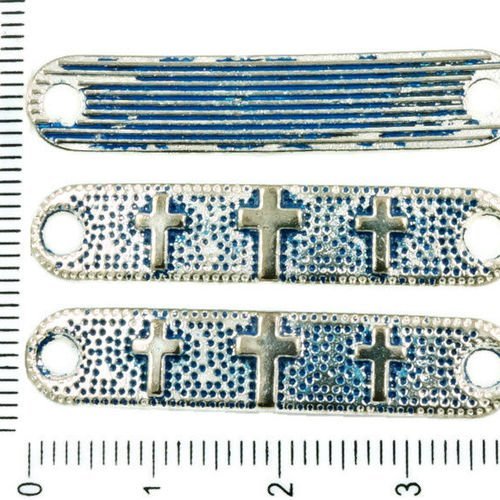 6pcs antique ton argent bleu patine laver rectangle arrondi rosaire de la croix-connecteur de barres sku-37015