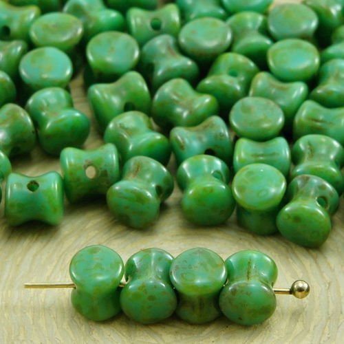 60pcs picasso marron turquoise vert pellet preciosa diablo dogbone tchèque perles de verre de 4mm x  sku-33784