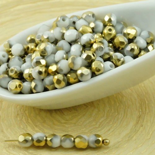 100pcs opaque blanc albâtre métallisé or demi-rond à facettes feu poli verre tchèque perles de petit sku-31894