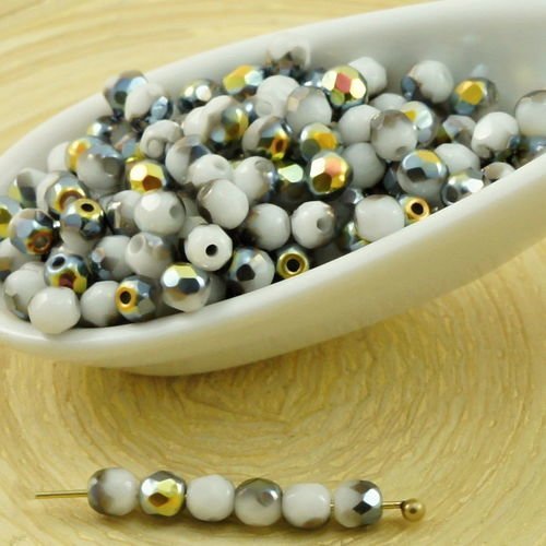 100pcs métallique marea or blanc demi-rond à facettes feu poli verre tchèque perles de petit écarteu sku-31895