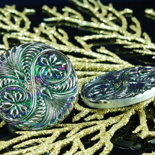 1pc à la main le verre tchèque bouton vert et grand dichroïque vitrail fleur en spirale en argent ta sku-26246