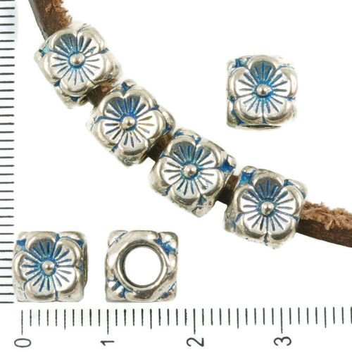 8pcs antique ton argent bleu patine laver de grandes trou cube européenne pandora style de fleur de  sku-36629