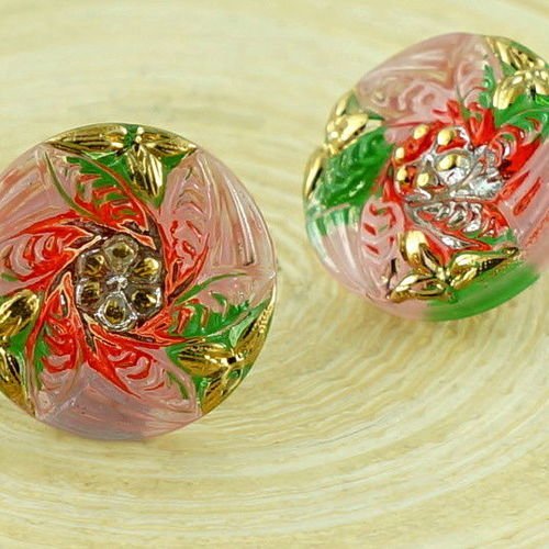 1pc cristal valentine rose rouge vert or de petites fleurs à la main le verre tchèque bouton taille  sku-30751