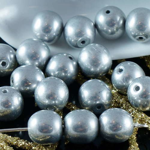 Metallic silver verre tchèque perles rondes en 7mm 14pcs sku-18482
