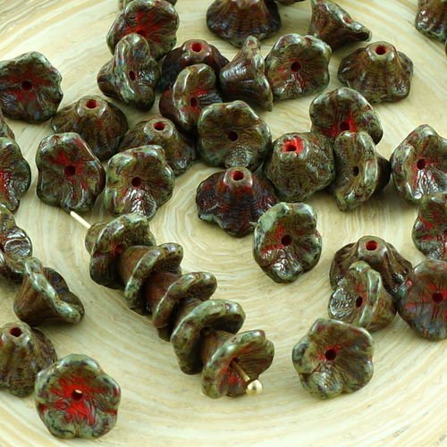 40pcs picasso brun rouge corail verre tchèque petite cloche de fleur de perle de bouchons 7mm x 5mm sku-31393