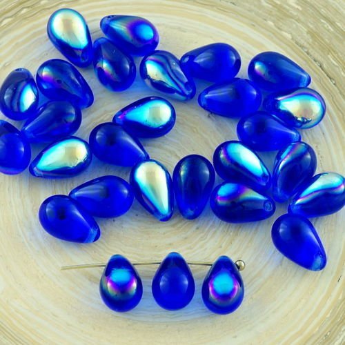 20pcs cristal bleu saphir ab demi-verre tchèque en forme de larme perles de 8mm x 5mm sku-28672