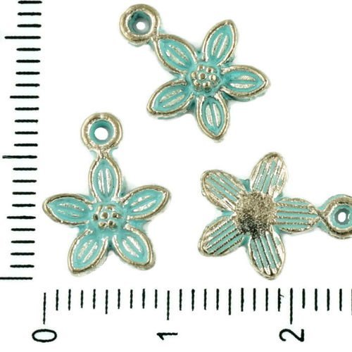 16pcs tchèque bleu turquoise patine antique ton argent charms fleur floral en métal à deux faces rés sku-34088