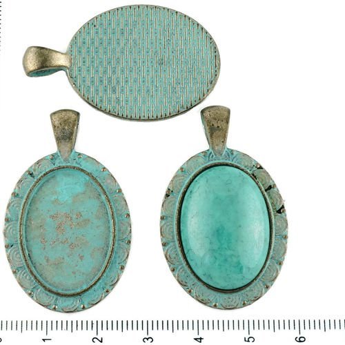 2pcs tchèque bleu turquoise patine antique ton argent grand ovale pendentif spirale cabochon paramèt sku-34178