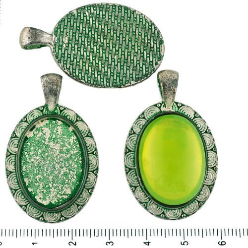 2pcs tchèque vert turquoise patine antique ton argent grand ovale pendentif spirale cabochon paramèt sku-34180