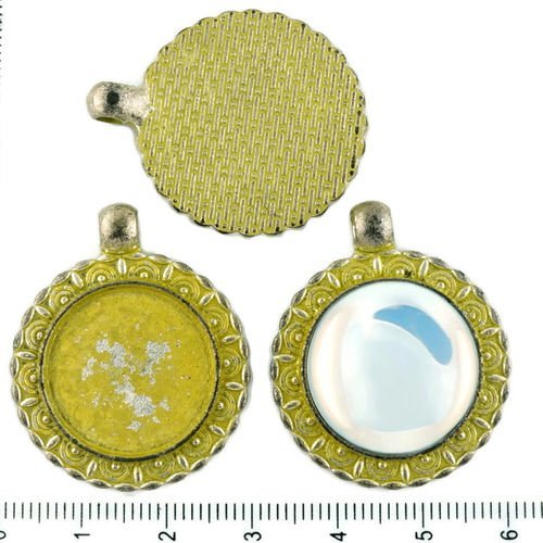2pcs tchèque jaune patine antique ton argent grand pendentif rond cabochon paramètres âgés de lunett sku-34235