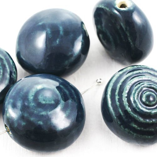 2pcs bleu foncé turquoise grande spirale plat pièce ronde bobo céramique de porcelaine émail perles  sku-38973
