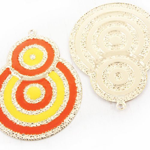 2pcs plaqué or émail de couleur orange et jaune deux cercle pendentif rond charme boucles d'oreilles sku-38928