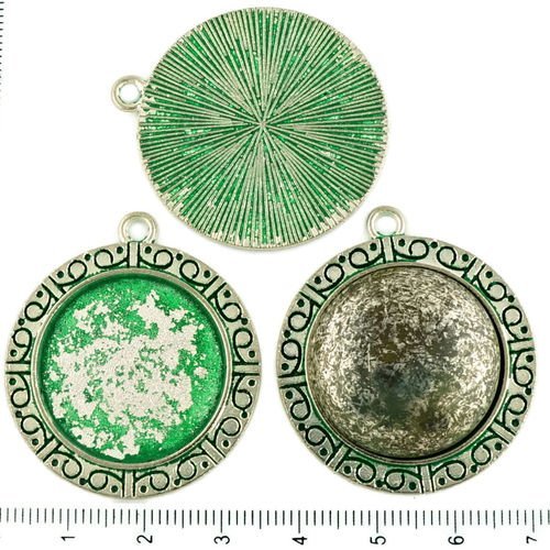 2pcs tchèque vert turquoise patine antique ton argent grand pendentif rond cabochon paramètres orien sku-34258