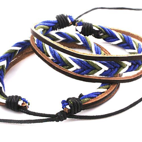 1pc bleu vert blanc marron tressé cuir de vachette ciré de nylon corde à linge unisexe bracelet de b sku-38848