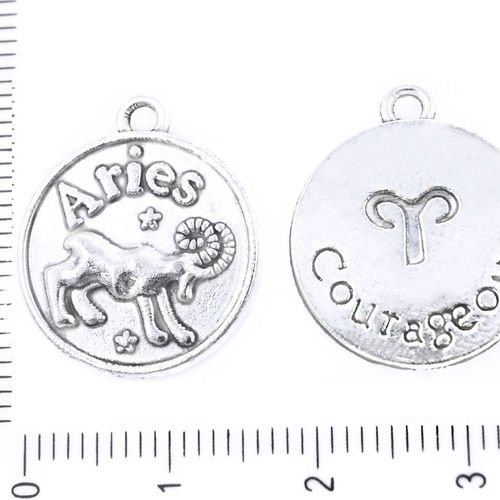 4pcs argent antique bélier constellation du zodiaque signe pendentif rond personnalisée charme de bi sku-38901