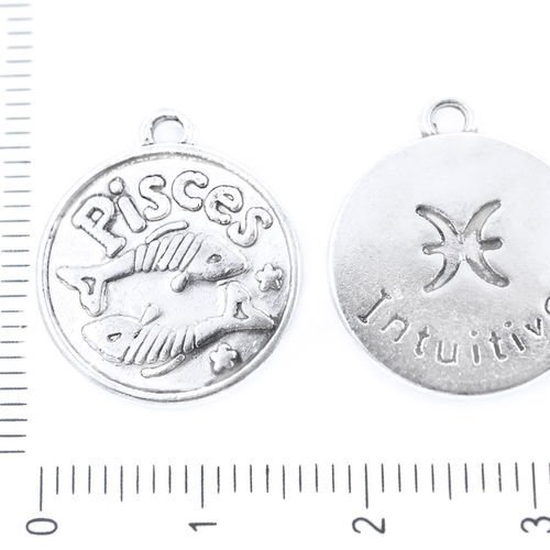 4pcs argent antique poissons constellation du zodiaque signe pendentif rond personnalisée charme de  sku-38903