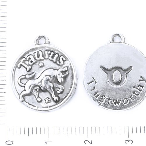 4pcs argent antique taureau constellation du zodiaque signe pendentif rond personnalisée charme de b sku-38904