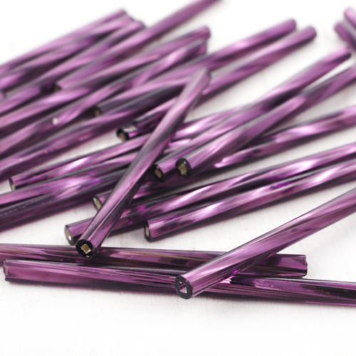 50pcs x 35 mm extra longue violet argent bordée enrouler autour du verre tchèque perles de bugle pre sku-39083
