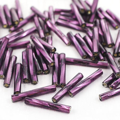 100pcs x 15mm extra longue violet argent bordée enrouler autour du verre tchèque perles de bugle pre sku-39110