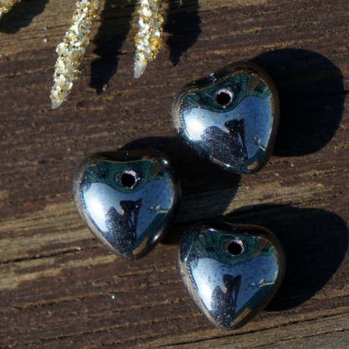 Metallic dark silver verre coeur de perle de cœur en argent perles de valentine en de saint-valentin sku-16723