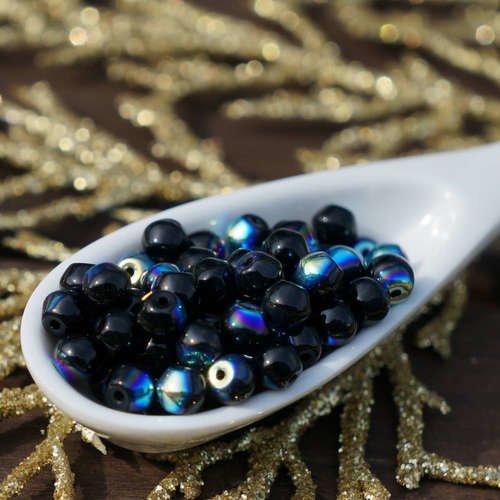 Noir verre tchèque perles ab iris de spacer bead ab perle de l'iris rondes de petites noires de 4mm  sku-17059