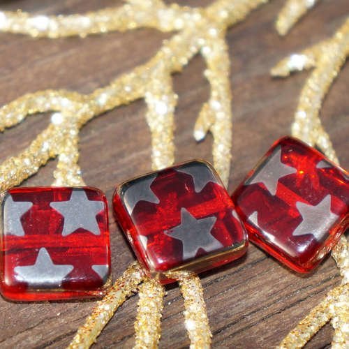 Argent rouge plat carré en verre perles tchèque de rouges exclusifs de 10mm de 2pc sku-16648