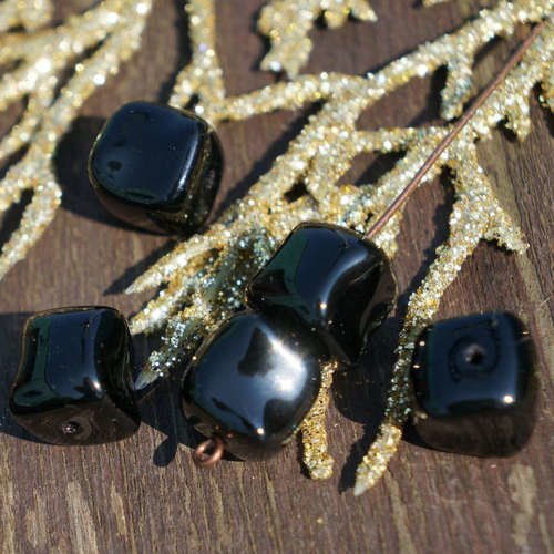 Grand cube noir perles agité noires de verre tchèque perle de court tube de de 9mm 6pcs sku-16651
