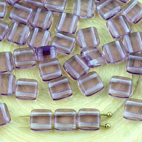 40pcs cristal d'améthyste violet clair tuile plate carrée 2 deux trou de verre tchèque perles de 6mm sku-32258