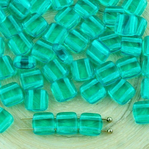 40pcs crystal bleu turquoise vert tuile plate carrée 2 deux trou de verre tchèque perles de 6mm sku-32260