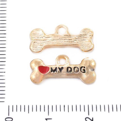 4pcs plaqué or rouge émail noir j'aime mon chien os message animal de compagnie pendentifs charms tc sku-39565