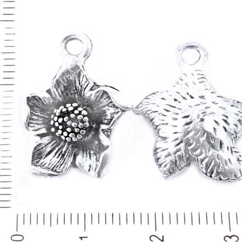 2pcs antique ton argent grande fleur floral des deux côtés pendentifs charms tchèque métal conclusio sku-39448