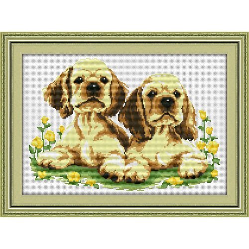 Brun beige deux chiots chiens de point de croix kit fait à la main broderie dmc de jeux de 45cm x 34 sku-40573