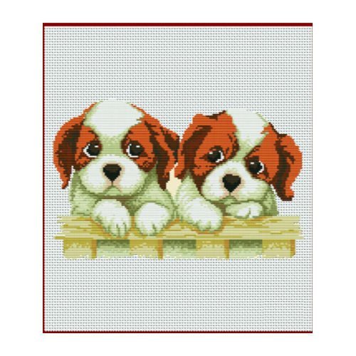 Marron blanc deux chiots chiens de point de croix kit fait à la main broderie dmc de jeux de 30cm x sku-40578