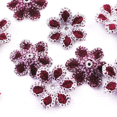 10pcs rouge foncé bordeaux argent au crochet tricoté à plat applique de fleur patch à coudre sur la  sku-40382