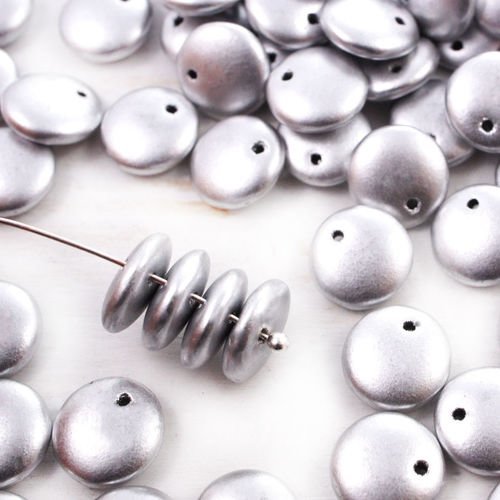 24pcs mat métallisé aluminium argent de lentilles plat rond trou de verre tchèque perles de 9mm sku-41501