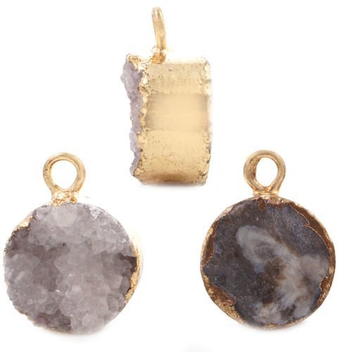 1pc blanc gris cristal naturel druzy de glace quartz agate pierre plaqué or ronde pendentifs charms  sku-41461