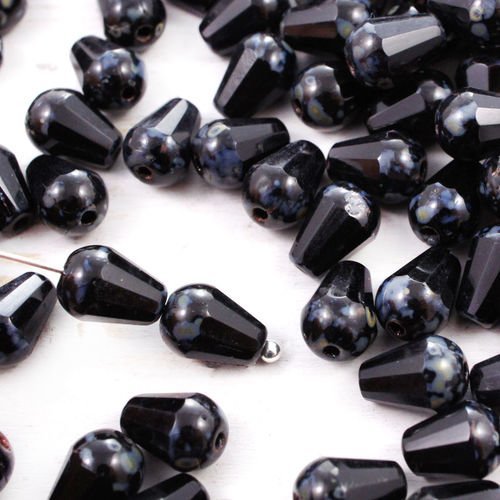 20pcs picasso argent opaque noir de jais poire à facettes feu poli larme de verre tchèque perles de  sku-41504