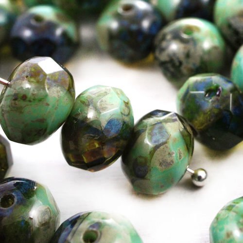 10pcs picasso blue green mix plat rond à facettes feu poli rondelle verre tchèque perles de 9mm x 6m sku-41515