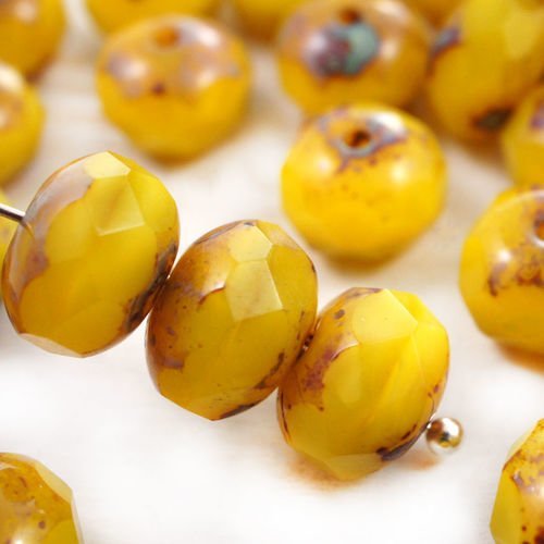 10pcs picasso brun opale jaune rustique plat rond à facettes feu poli rondelle verre tchèque perles  sku-41518