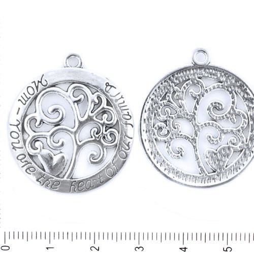 2pcs antique ton argent arbre de vie coeur pour maman plat monnaie rond pendentif charms tchèque mét sku-41694