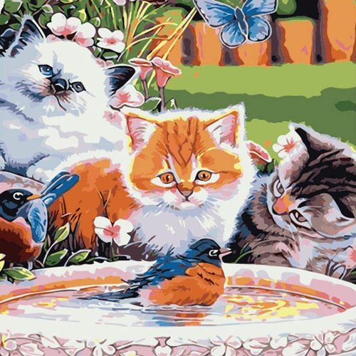 1pc trois chatons oiseaux fontaine d'eau de chat kitty animal de compagnie acrylique bricolage peint sku-42609