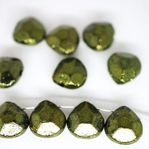 6pcs vert métallique lustre briolette de poire à facettes en forme de larme gravé rustique tchèque p sku-42689